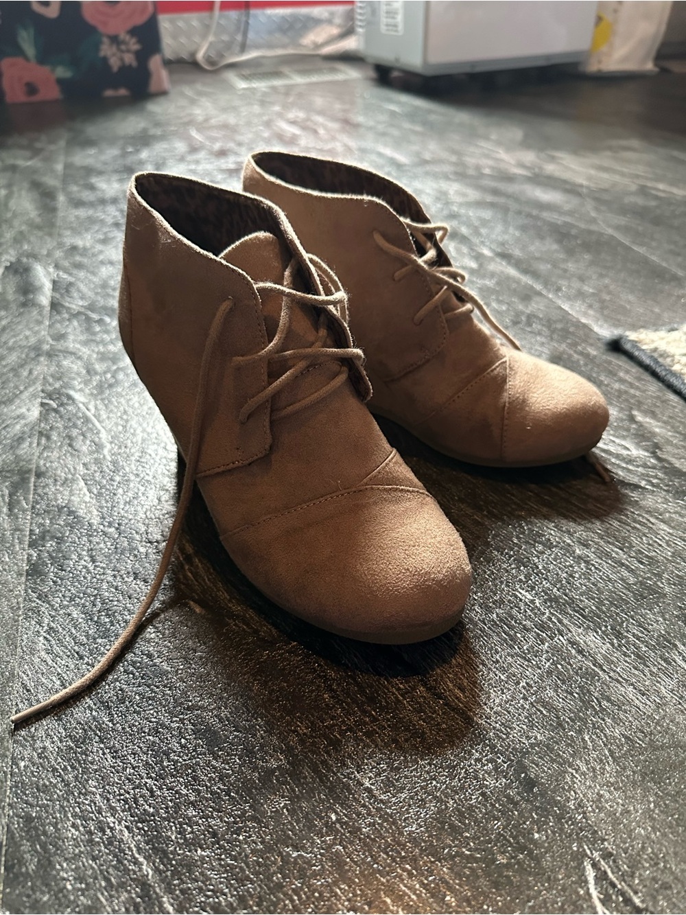 Maurices Taupe Suede Lace-Up Wedge Booties